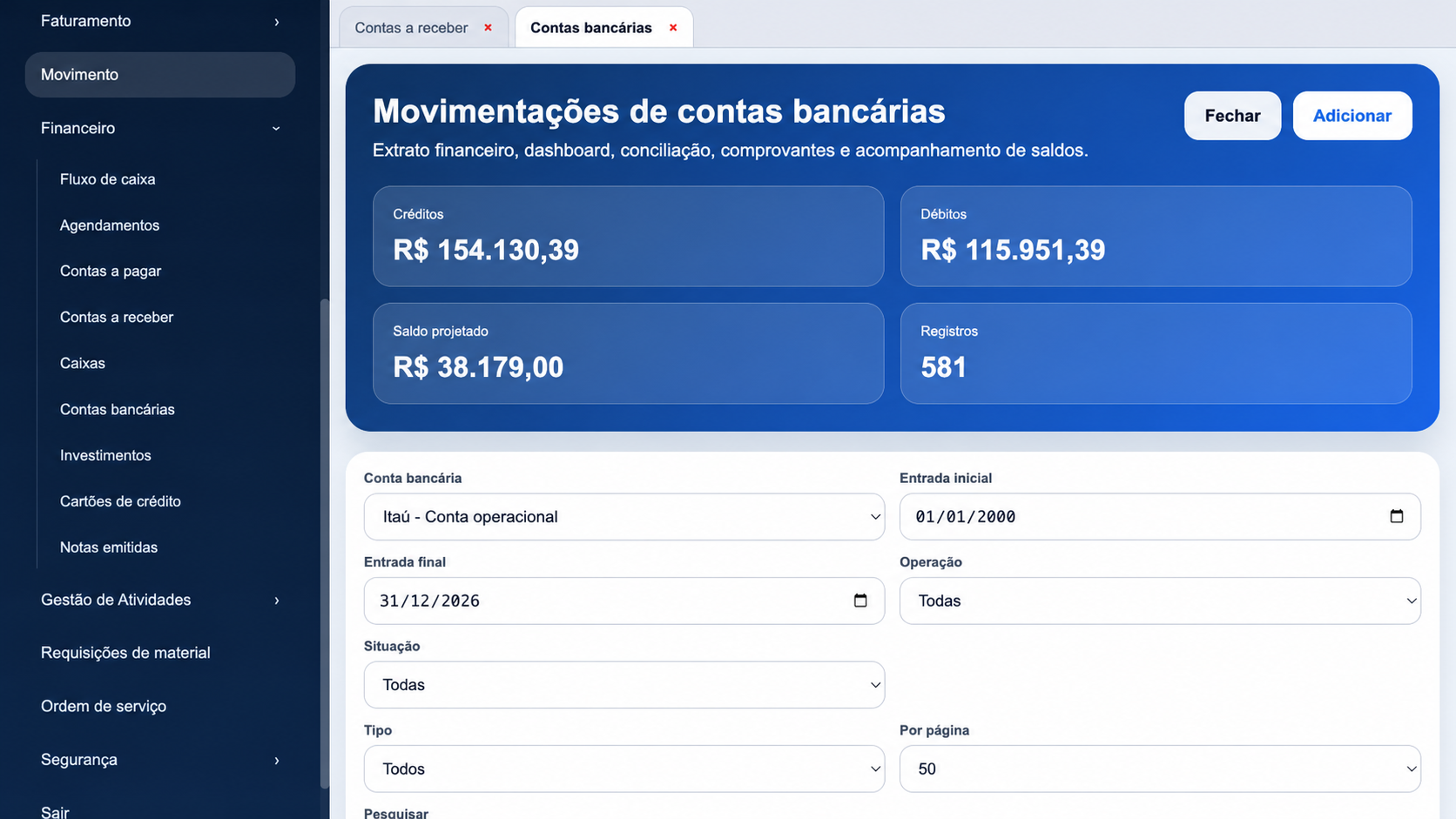 Movimentações bancárias da interface real com dados anonimizados